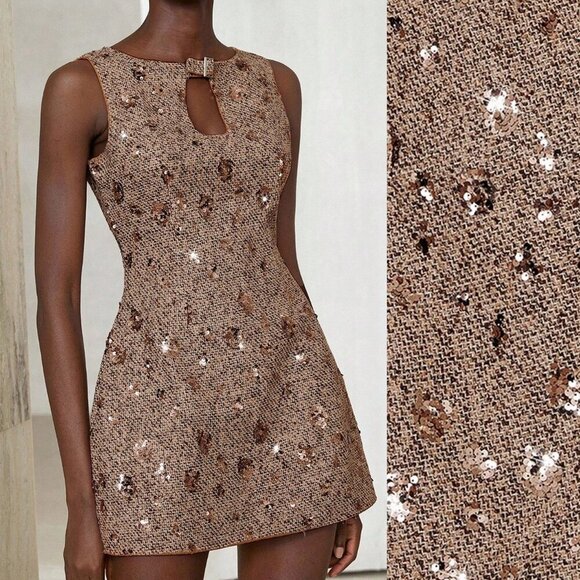 Brown Party Women's Mixed Tweed Fabric With Sequins Design mini dress - Picture 2 of 7
